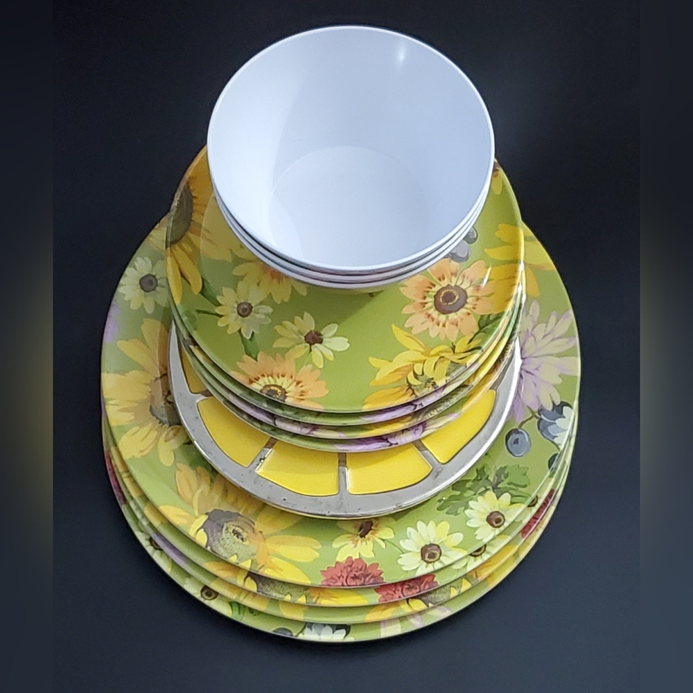 12pc Sunflowers Daisies Yellow Green Pattern Melamine by Zak Designs